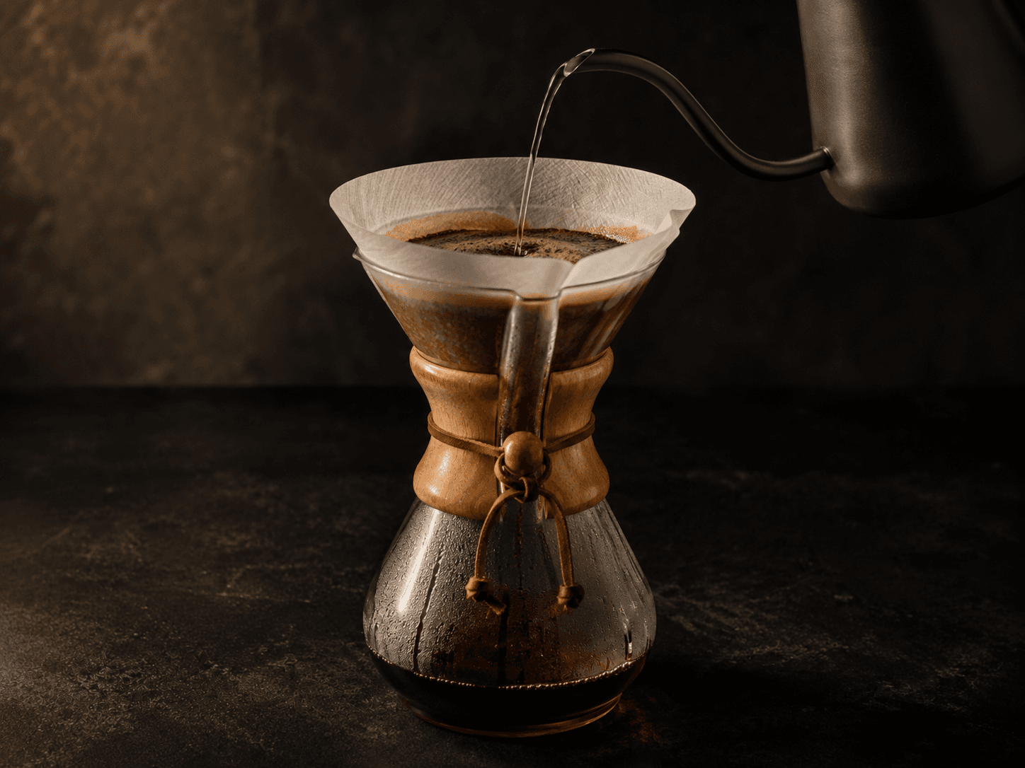 Cafetera Chemex con café de vertido manual