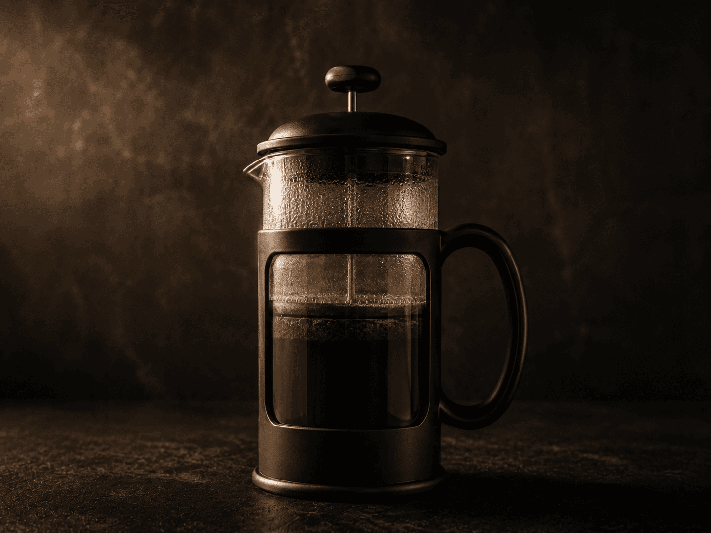 Prensa francesa con café de inmersión recién preparado